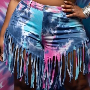 Tie-Dye Fringe Denim Shorts